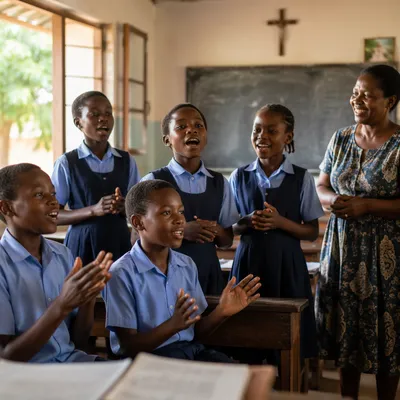 African Children Singing in Church Classroom