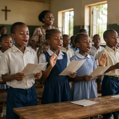 African Children Singing in Church Classroom