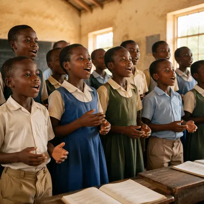 African Schoolchildren Singing in Rural Classroom
