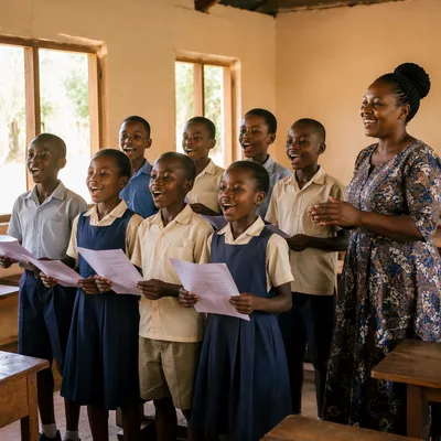 African Schoolchildren Singing in Rural Classroom