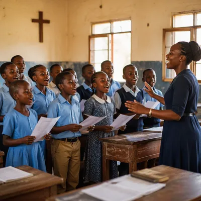 African Schoolchildren Singing in Classroom