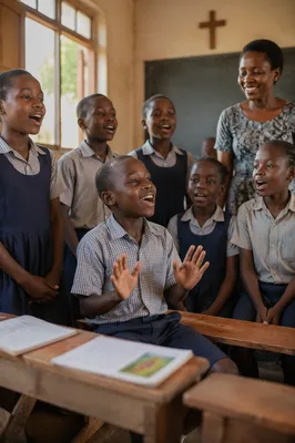 African Schoolchildren Singing in Bright Classroom