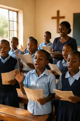 African Schoolchildren Singing in Classroom Morning Light