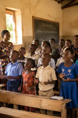 African Schoolchildren Singing in Classroom