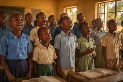 African Schoolchildren Singing in Rural Classroom