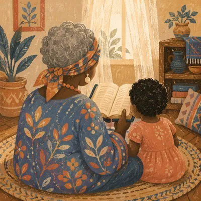 African Grandmother Reading Bible with Grandchild
