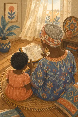 African Grandmother Reading Bible with Grandchild