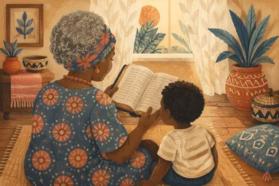 African Grandmother Reading Bible with Grandchild