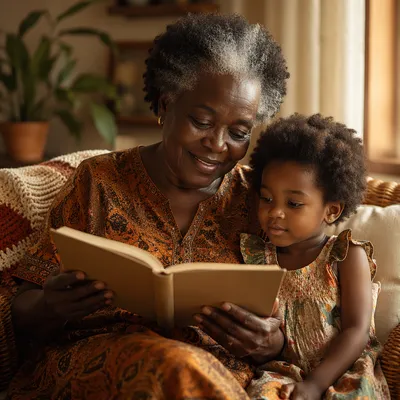 African Grandmother Reading Bible to Grandchild