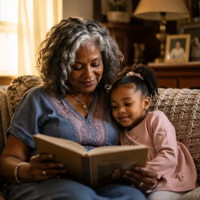 African Grandmother Reading Bible with Grandchild