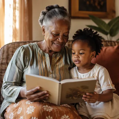 Grandmother Reading with Grandchild Indoors