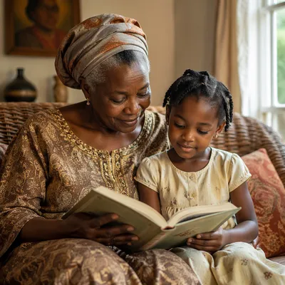 Grandmother Reading with Grandchild Indoors
