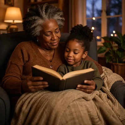Grandmother Reading Book to Grandchild Indoors