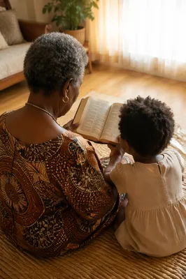 African Grandmother Reading Bible with Grandchild