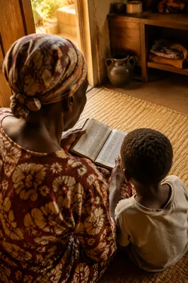 African Grandmother Reading Bible with Grandchild