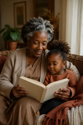Grandmother Reading Book to Grandchild Indoors