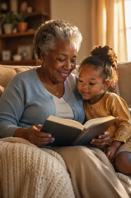 Grandmother Reading to Grandchild on Sofa