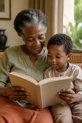African Grandmother Reading with Grandchild Indoors