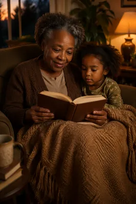 Grandmother Reading Book to Grandchild Indoors