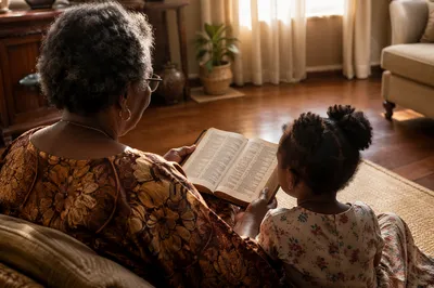African Grandmother Reading Bible with Grandchild