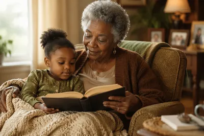 Grandmother Reading to Grandchild Indoors