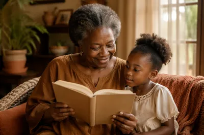 Grandmother Reading Book to Grandchild Indoors
