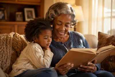Grandmother Reading Book to Grandchild Indoors