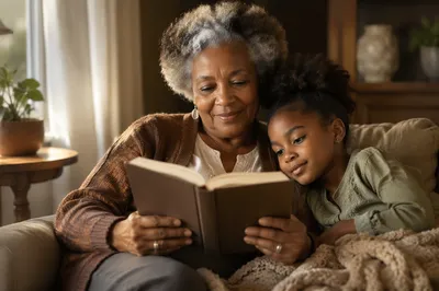 Grandmother Reading Book to Granddaughter on Sofa