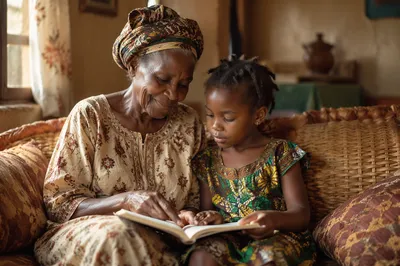 African Grandmother Reading with Grandchild Indoors