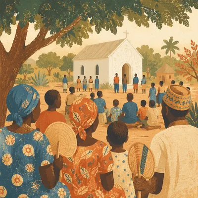 African Village Church Outdoor Gathering Scene
