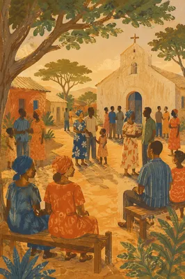 African Village Church Gathering at Sunset