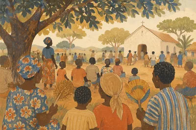 African Village Church Outdoor Gathering Scene