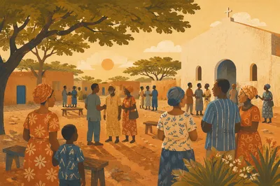 African Village Church Gathering at Sunset