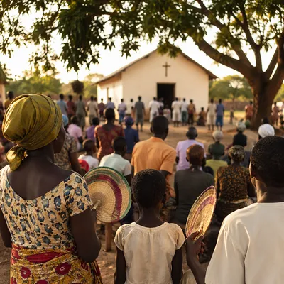 African Village Church Gathering at Sunset