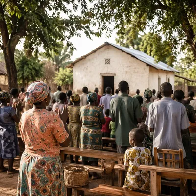 African Village Church Gathering at Sunrise