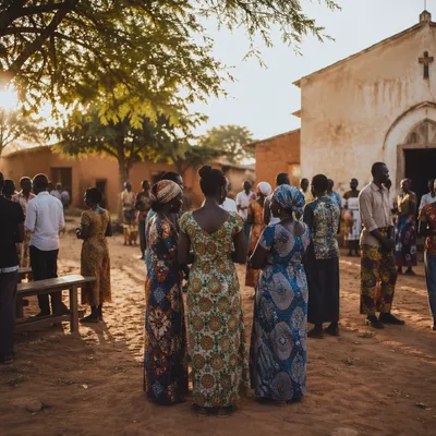 African Village Church Gathering at Sunset