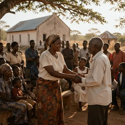 African Village Church Gathering at Sunset