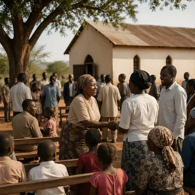 African Village Church Gathering at Sunrise