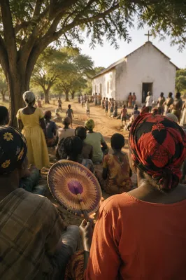 African Village Church Gathering at Sunset