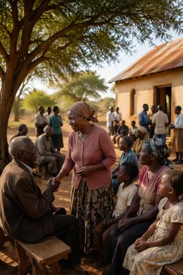 African Village Gathering Beside Rural Church
