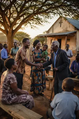 African Village Gathering Beside Rural Church