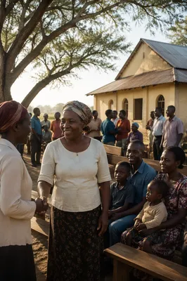 African Village Gathering Beside Rural Church