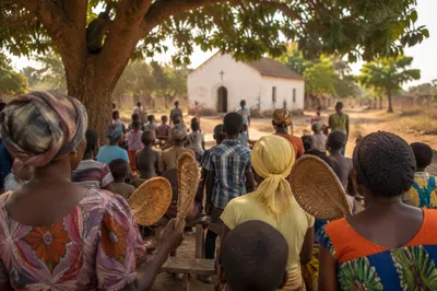 African Village Church Gathering at Sunset