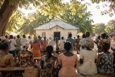 African Village Church Gathering at Sunrise