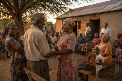 African Village Gathering Beside Rural Church