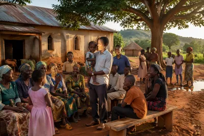 African Village Gathering Beside Rural Church