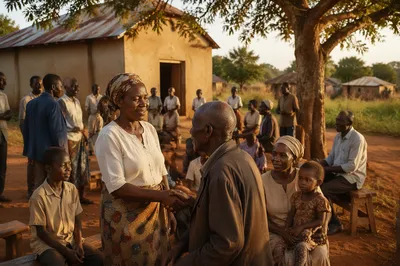 African Village Church Gathering at Sunset