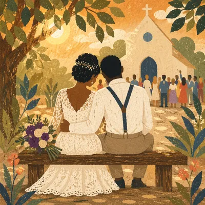 African Newlywed Couple in Church Garden