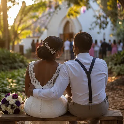 African Newlyweds Resting in Church Garden