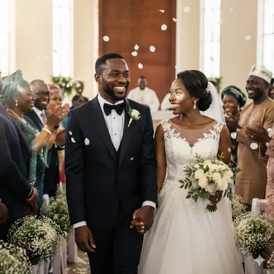 African Wedding Couple Walking Down Church Aisle